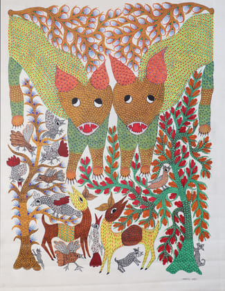 Tribes India Handmade Painting Gond Canvas 35X26 1TPNGNDMP05398