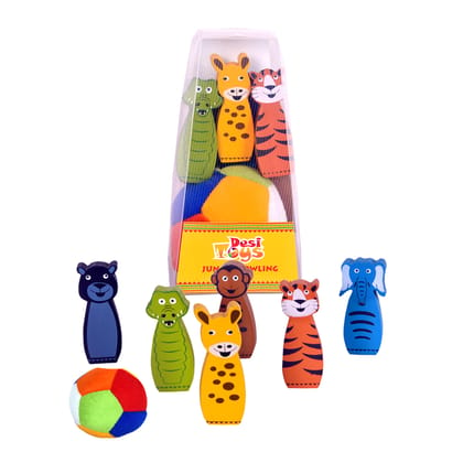 Desi Toys Bowling Game for Kids | Jungle Animal Themed | Multicolor | 6 Pins & 1 Soft Ball | Wooden Pins | Classic Indian Games | Fun Indoor Game | for Toddlers | Made in India