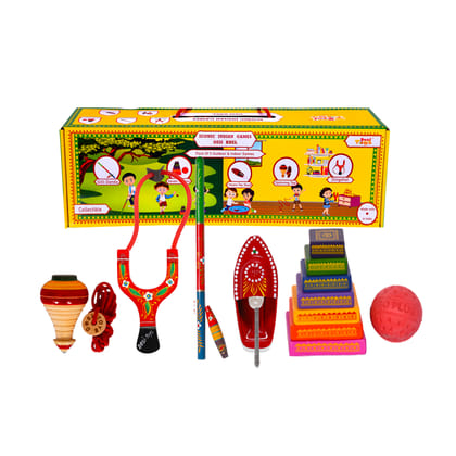 Desi Toys Khel Pack of 5 | Gilli Danda + Spinning Top + Putt Putt Nav + Lagori + Gulel Slingshot | Classic & Nostalgic Indian Games | Fun & Learning | Outdoor & Indoor Games | Made in India