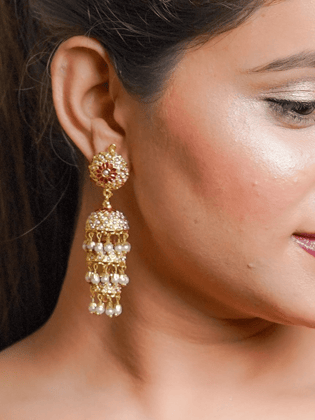 gold tone three layered jadau jhumki earrings