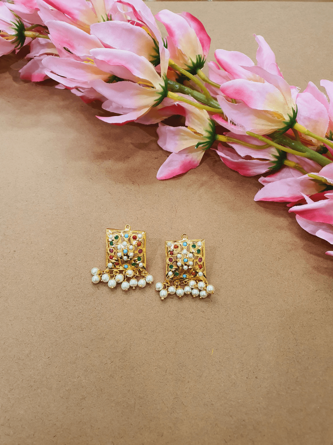 bridal jadau square navratan studs earrings