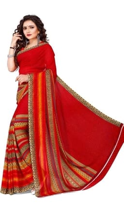 KHUSHBOO DESIGNERS Women's Solid Georgette 5.5 Meter Saree with Unstitched Blouse Piece (Red).