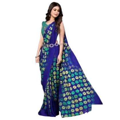 KHUSHBOO DESIGNERS Women's Solid Georgette 5.5 Meter Saree with Unstitched Blouse Piece (Blue)
