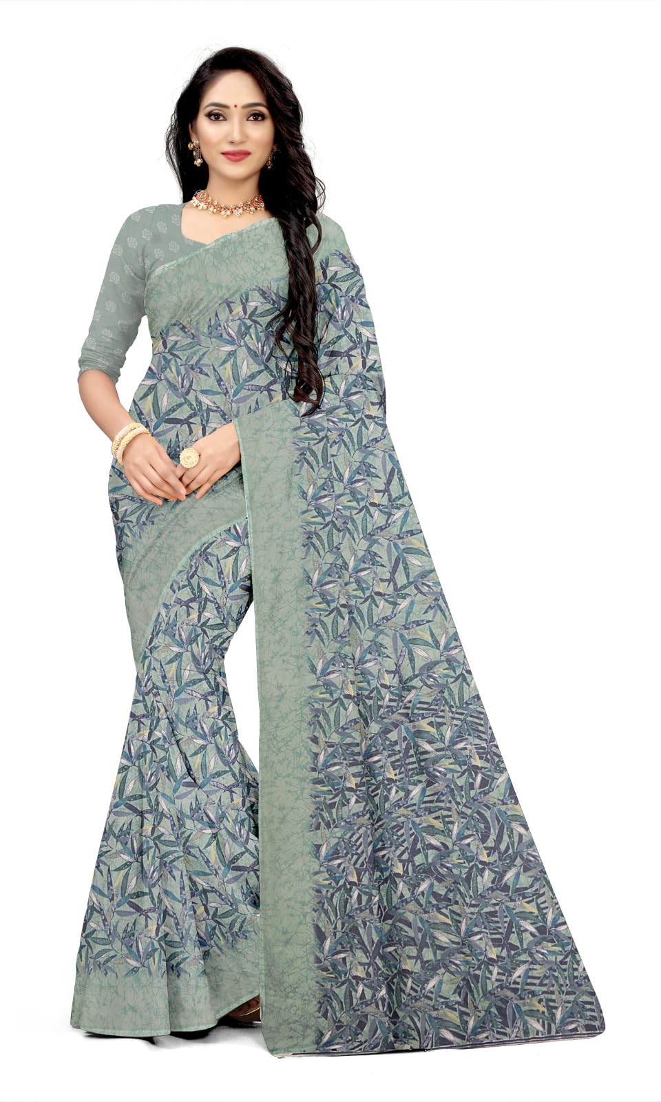 KHUSHBOO DESIGNERS Women's Solid Georgette 5.5 Meter Saree with Unstitched Blouse Piece (Blue).