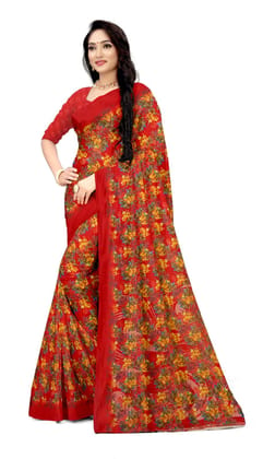 KHUSHBOO DESIGNERS Women's Solid Georgette 5.5 Meter Saree with Unstitched Blouse Piece (Red)