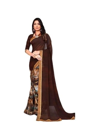 KHUSHBOO DESIGNERS Women's Solid Georgette 5.5 Meter Saree with Unstitched Blouse Piece (Brown)