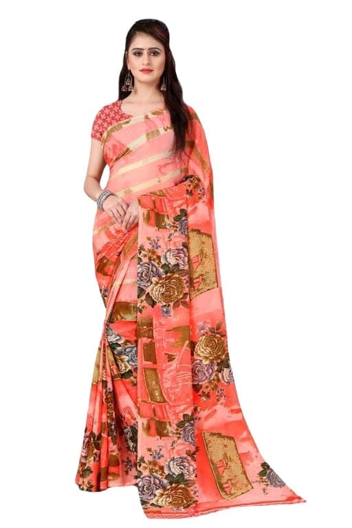 KHUSHBOO DESIGNERS Women's Solid Georgette 5.5 Meter Saree with Unstitched Blouse Piece (Peach)