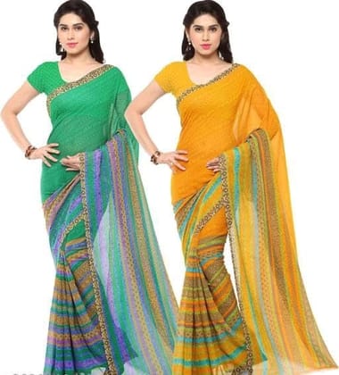 KHUSHBOO DESIGNERS Women's Solid Georgette 5.5 Meter Saree with Unstitched Blouse Piece (Multicolor-1) Pack Of 2