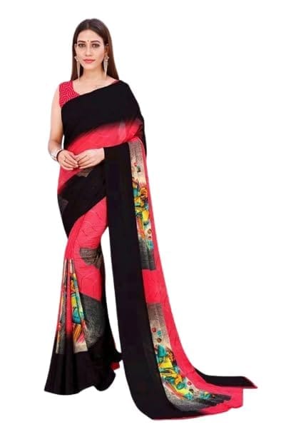 KHUSHBOO DESIGNERS Women's Solid Georgette 5.5 Meter Saree with Unstitched Blouse Piece (Black & Pink)