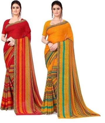 KHUSHBOO DESIGNERS Women's Solid Georgette 5.5 Meter Saree with Unstitched Blouse Piece(Multicolor) Pack Of 2