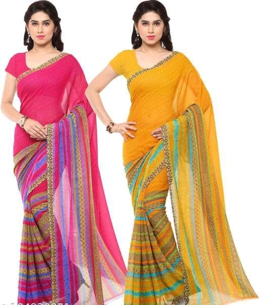 KHUSHBOO DESIGNERS Women's Solid Georgette 5.5 Meter Saree with Unstitched Blouse Piece (Multicolor-4) Pack Of 2