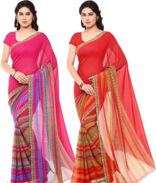 KHUSHBOO DESIGNERS Women's Solid Georgette 5.5 Meter Saree with Unstitched Blouse Piece (Multicolor-2) Pack Of 2