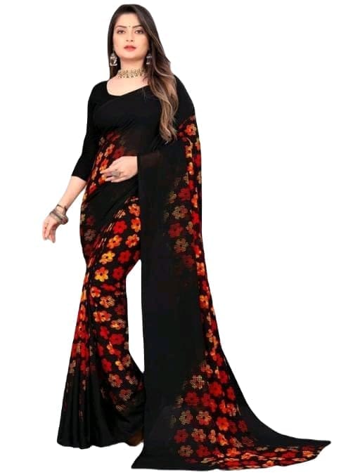 KHUSHBOO DESIGNERS Women's Solid Georgette 5.5 Meter Saree with Unstitched Blouse Piece Festive||Party [Black]