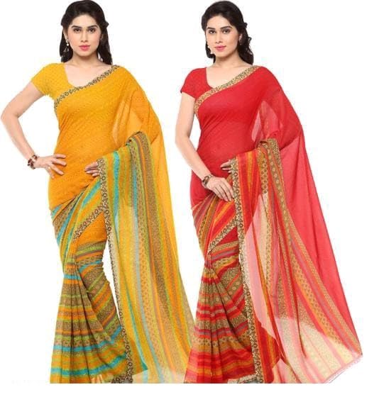 KHUSHBOO DESIGNERS Women's Solid Georgette 5.5 Meter Saree with Unstitched Blouse Piece (Multicolor-5) Pack Of 2