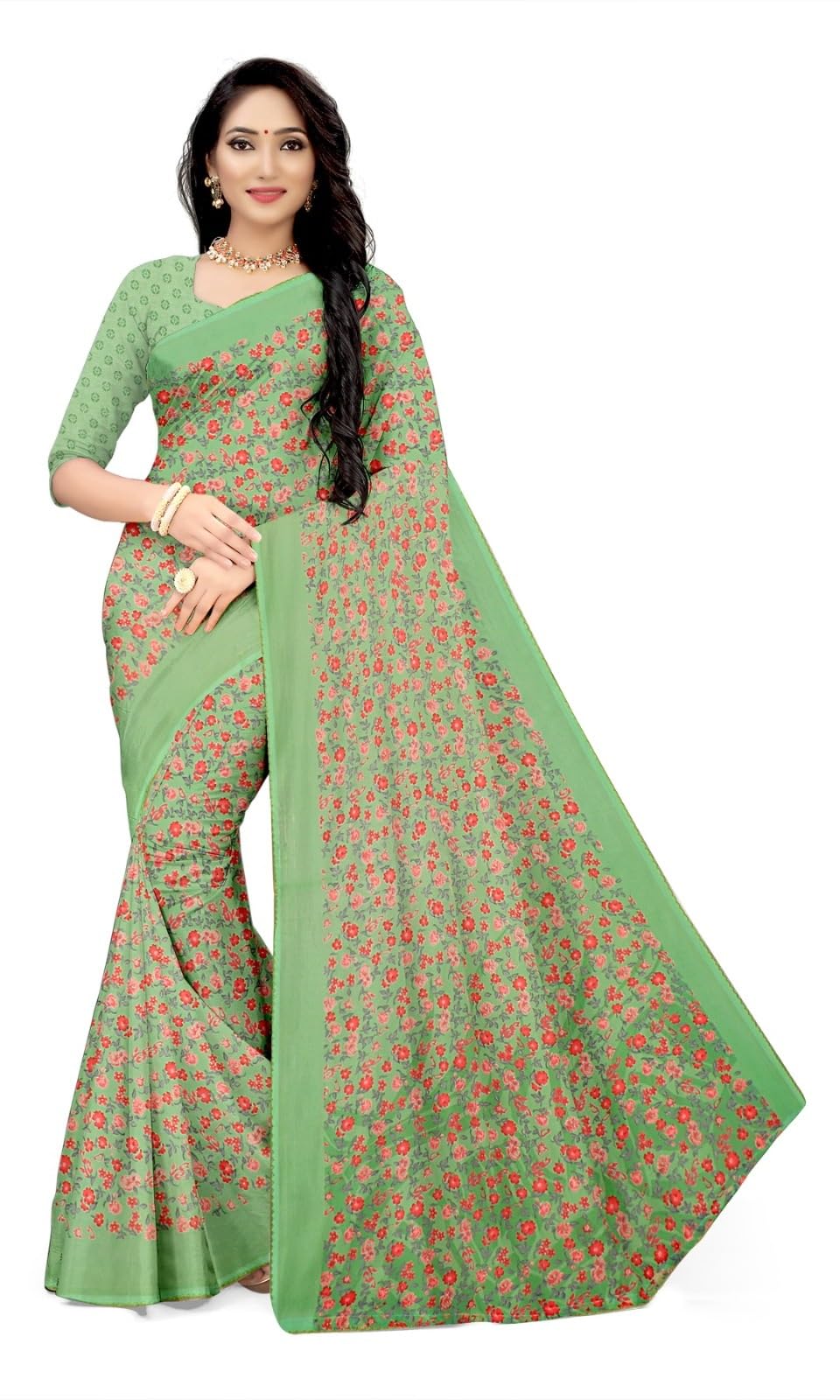 KHUSHBOO DESIGNERS Women's Solid Georgette 5.5 Meter Saree with Unstitched Blouse Piece Festive||Party [Green]