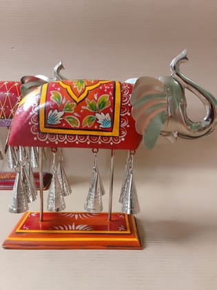 Hand Painted Wood and Metal 10 Bell Elephant Showpiece