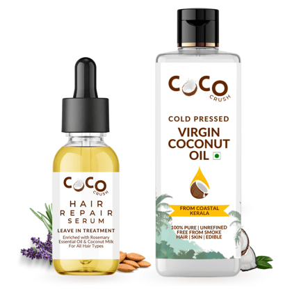 Coco Crush Pack of Virgin Coconut Oil & Leave-in Hair Repair Treatment Serum with Rosemary Oil | 100% Natural | Pack of 2 - 215ml (200ml+15ml)