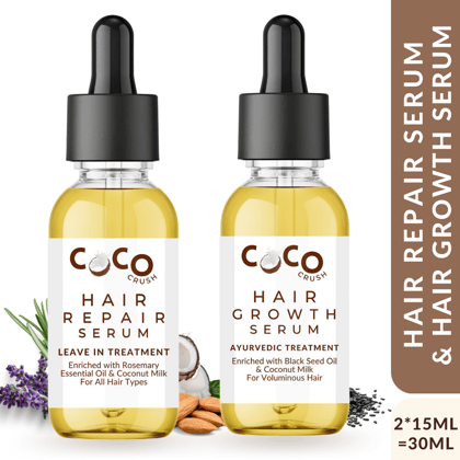 Coco Crush Pack of Hair Growth Serum & Leave-in Hair Repair Treatment Serum with Rosemary Oil | 100% Natural | Pack of 2 - 30ml each