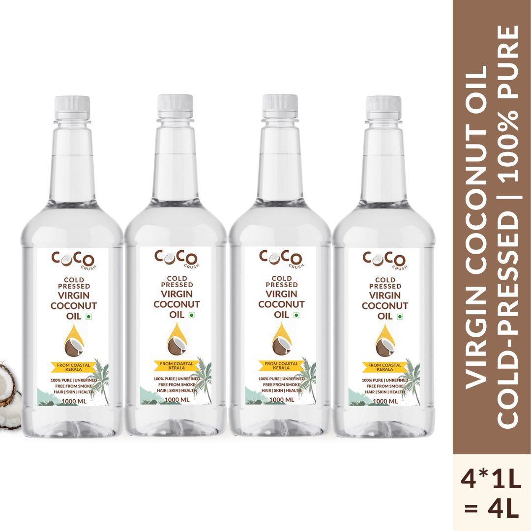 Coco Crush Cold-Pressed Virgin Coconut Oil, 100% Pure & Natural, Pack of 4 - 1000ml each