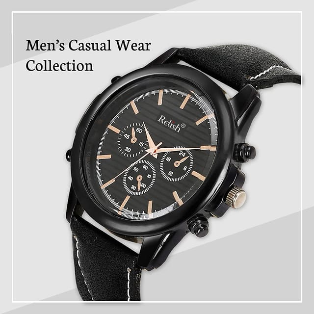 Relish Black Analog Watch Leather Strap with Perfume for Combo