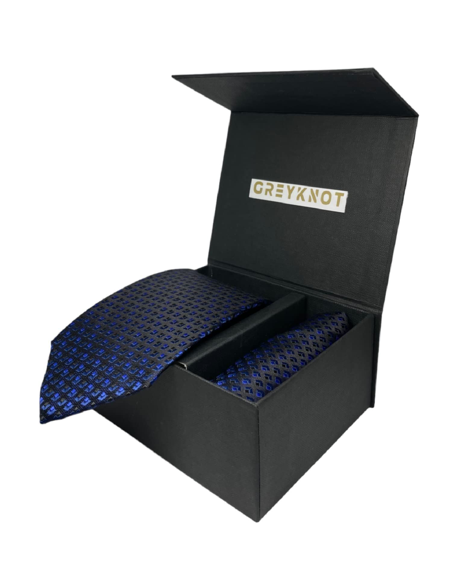 GREYKNOT premium tie collectioin with necktie and pocket square combination (black & blue)