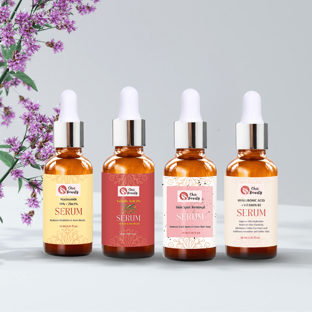 Chic Beauty Skincare Serum Combo Kit (Hyaluronic Acid & Vitamin B5 Serum 30ml + Niacinamide 10% & Zinc 1% Serum 30ml +  Salicylic Acid 2% Serum 30ml + Skin Spot Removal Serum 30ml)