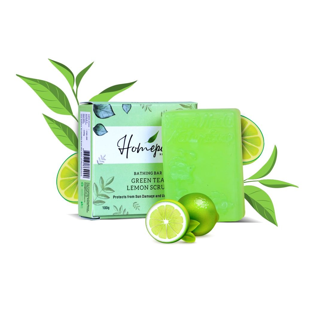 Homepour, Green Tea & Lemon Scrub Soap - Protects from Sun Damage & Unclogs Pores, 100g - Handmade Soap