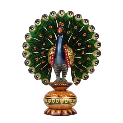Tribes India Hand Painted Multi Color Wooden Peacock On Pot