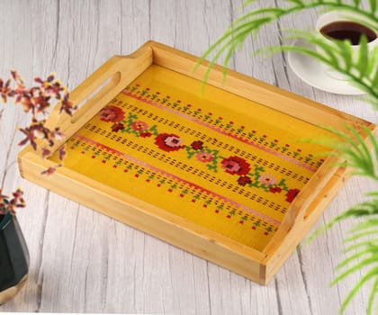 Tribes India Handmade Yellow Jute Wooden Tray