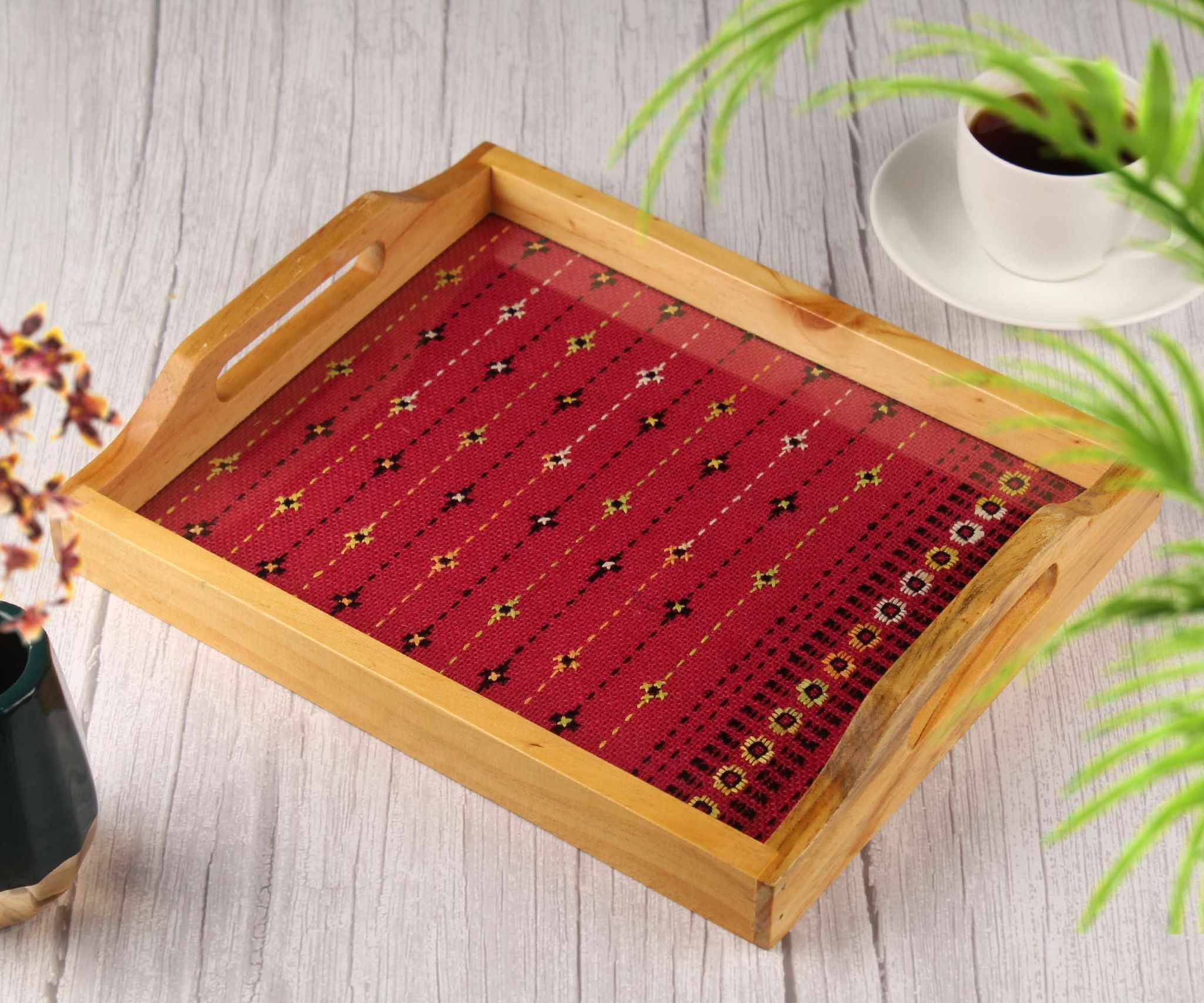 Tribes India Handmade Red Jute Wooden Tray