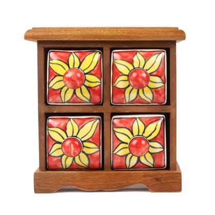 Tribes India Blue Pottery Red Yellow Flower 4 Drawer Jewelry Box