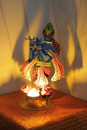 Metal Lord Krishna Statue T-Light/Candle Holder