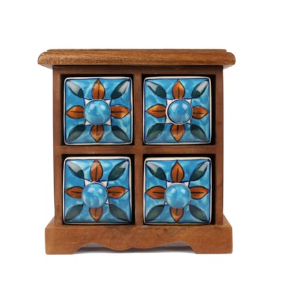 Tribes India Blue Pottery Blue Flower 4 Drawer Jewelry Box