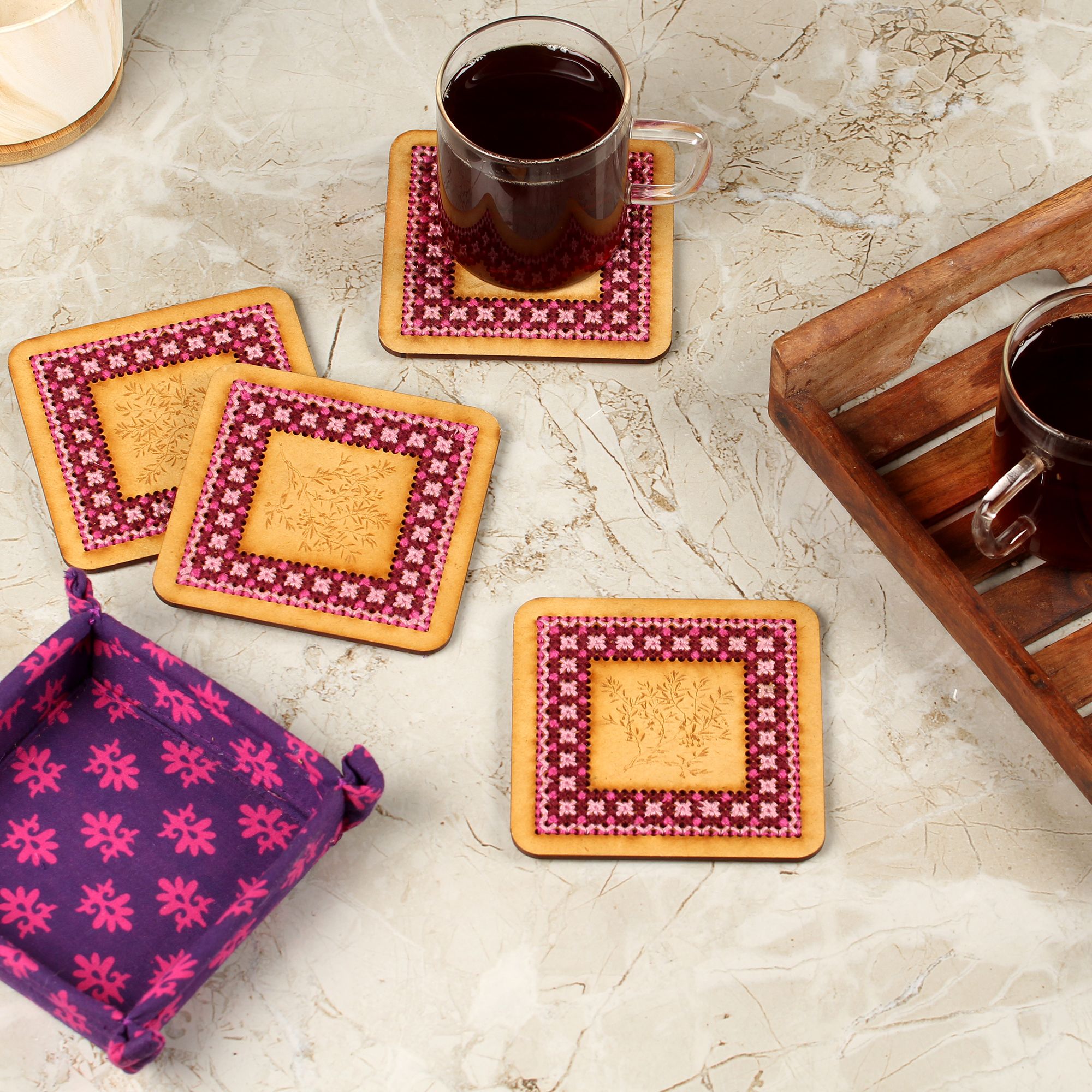 Tribes India Hand Embroidered Tea Coaster 4 Pc Set (Purple)