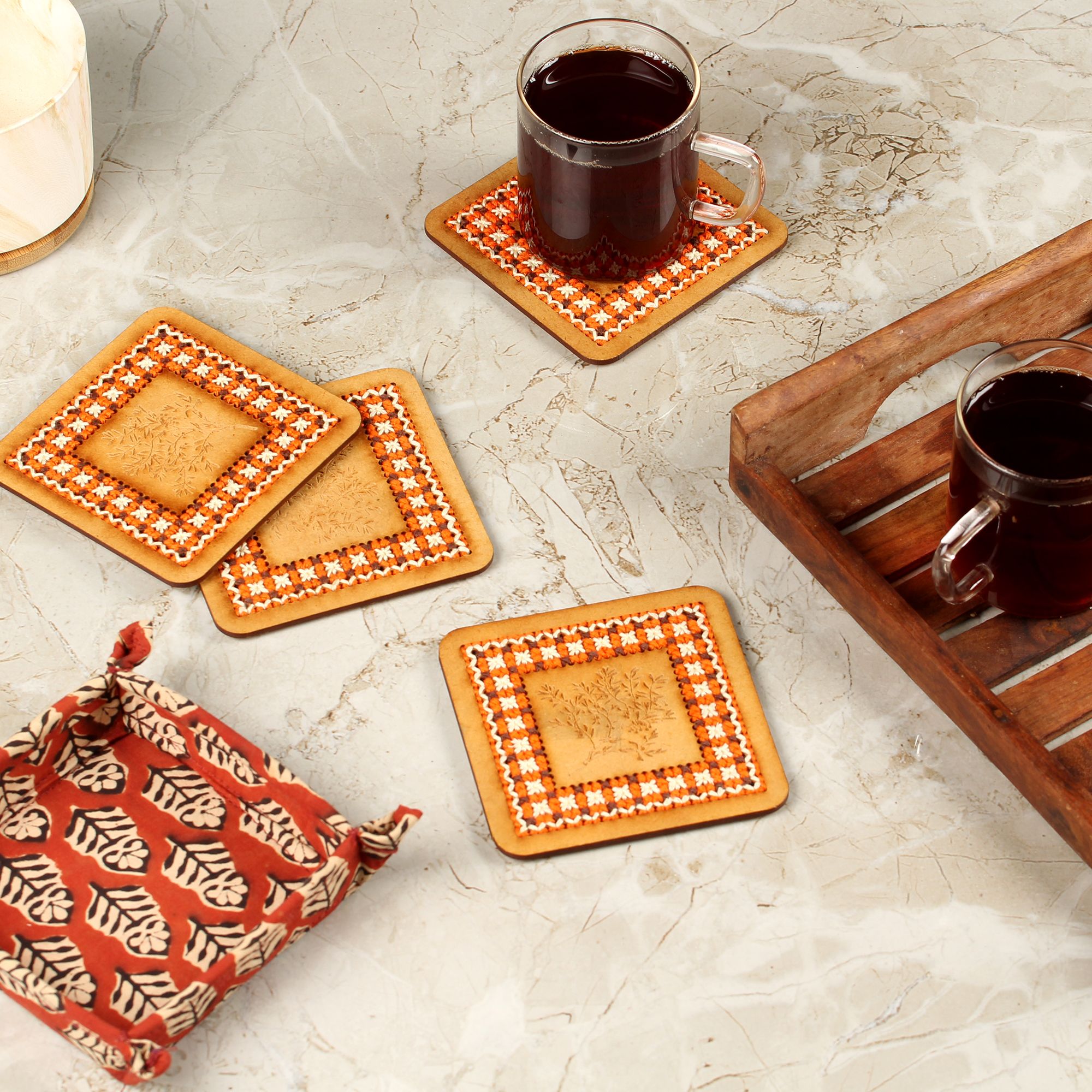 Tribes India Hand Embroidered Tea Coaster 4 Pc Set (Brown)