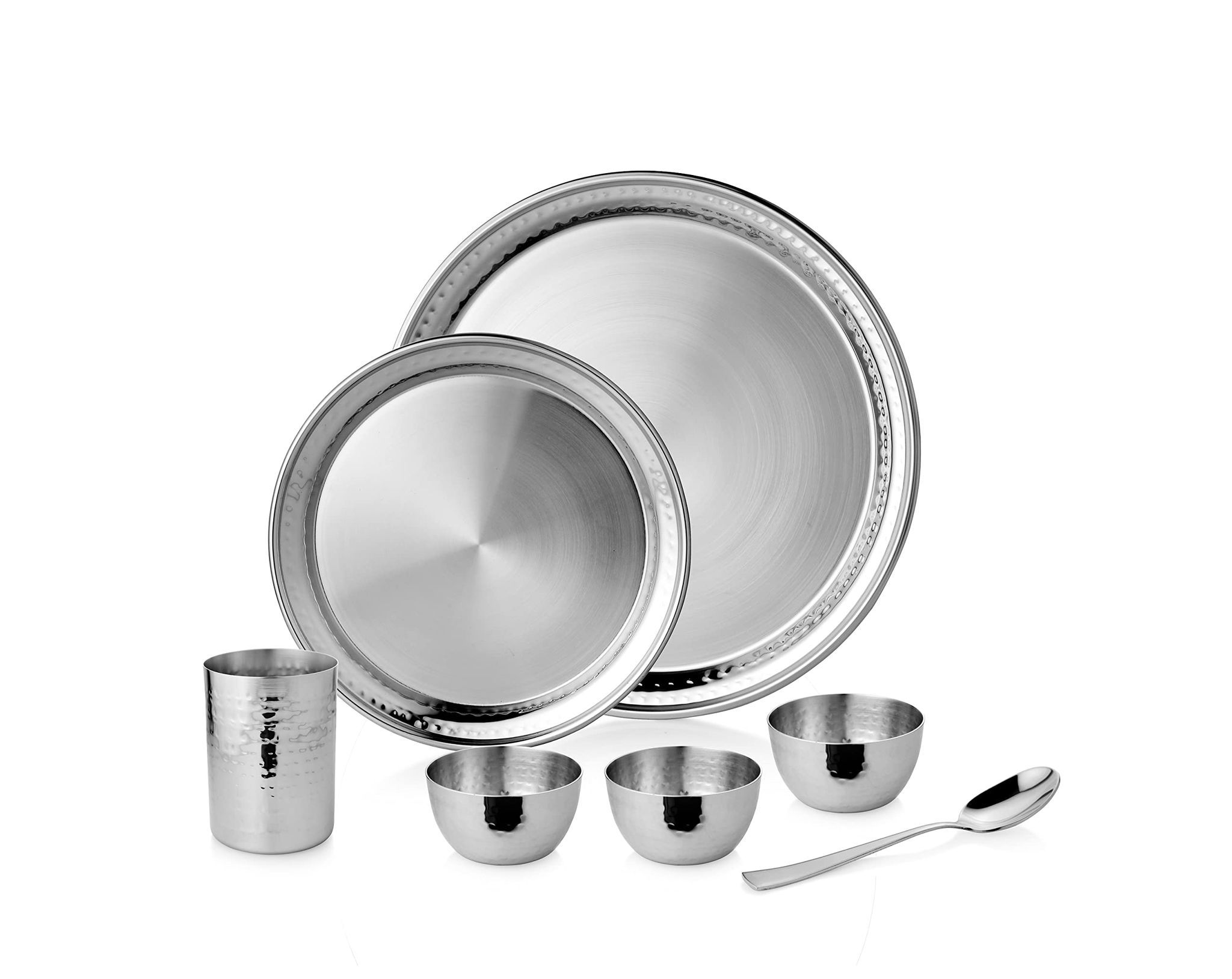 Urban Spoon Signature Stainless Steel Hammered Bhojan Thaalee Set, Dinner Set 7 Pcs - 30 Cm Silver