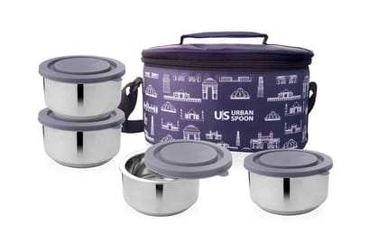 URBAN SPOON Stainless Steel Double Walled Lunch Box with Gray Airtight Lid | Tiffin Box | Dibbi with Blue Bag Set of 4 Pcs 340Ml Each PU Insulated | Dia : 11.2 Cm - Silver