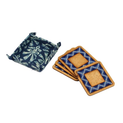 Tribes India Hand Embroidered Tea Coaster 4 Pc Set (Blue)