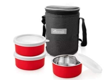 Vinayak International Stainless Steel Mircowave Lunch Box with Bag Set of 3 Pcs - 280 Ml Each