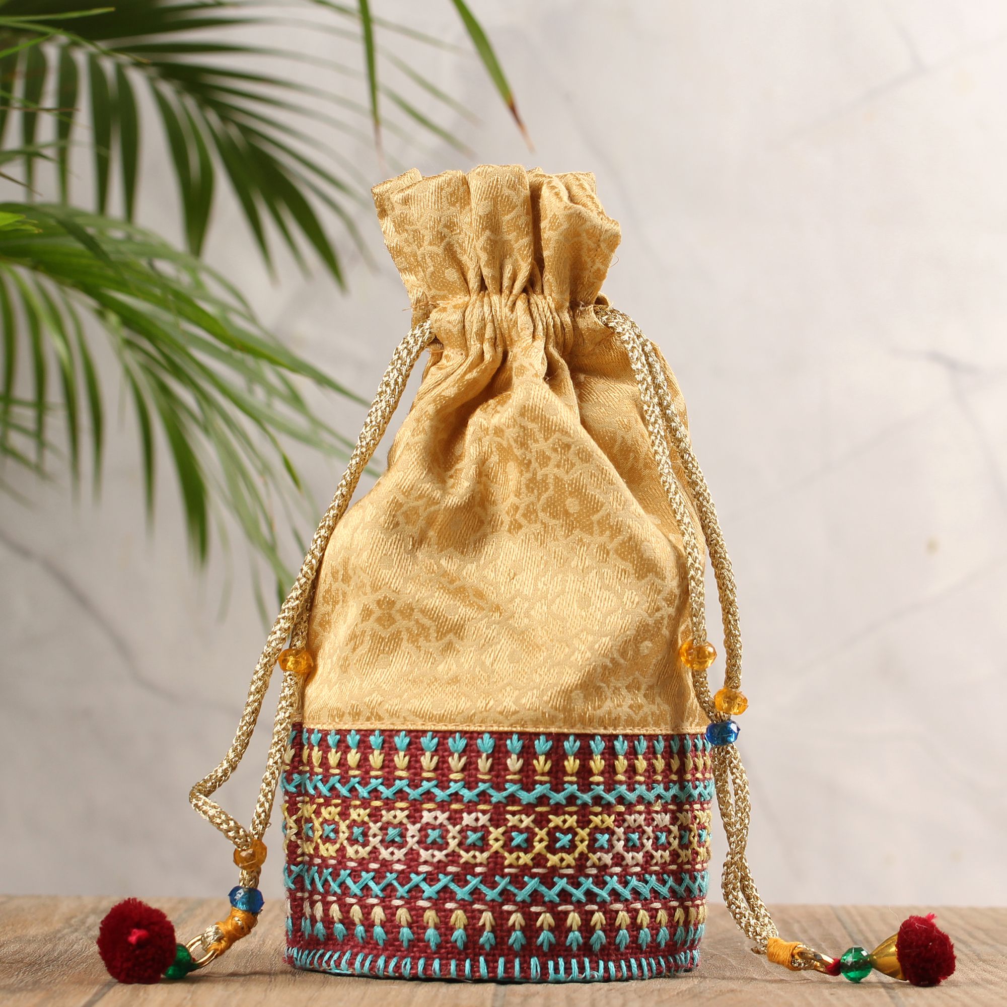 Tribes India Hand Embroidered Round Potli (Brown)