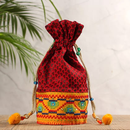 Tribes India Hand Embroidered Round Potli (Red)