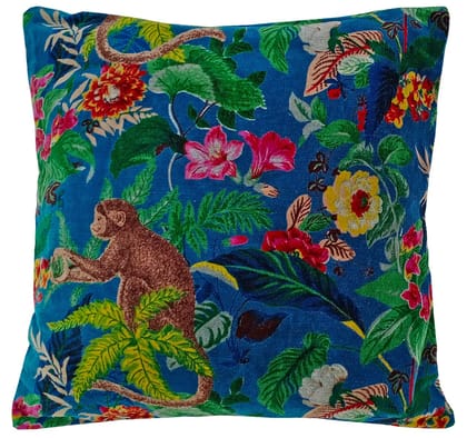 Kirti Finishing | Blue Monkey Print Velvet Cushion Cover 16 inches