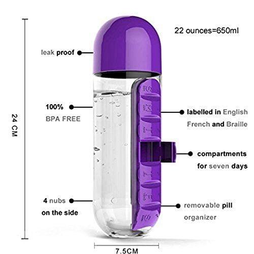 ASkyl Daily 600ml Pill Box Organizer with Water Bottle Weekly Seven Compartments with Drinking Bottle