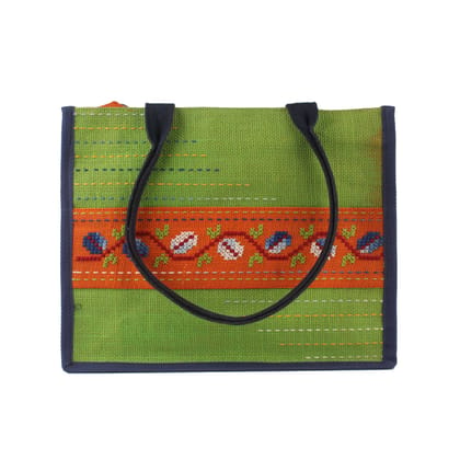 Tribes India Hand Embroidered Green Jute Handbag