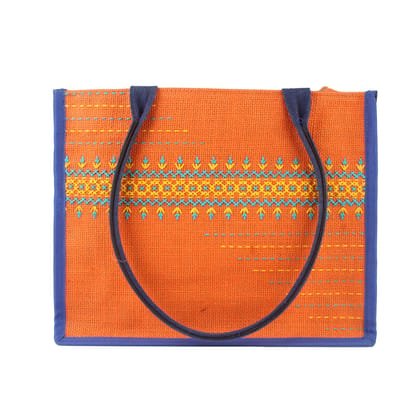 Tribes India Hand Embroidered Orange Jute Handbag