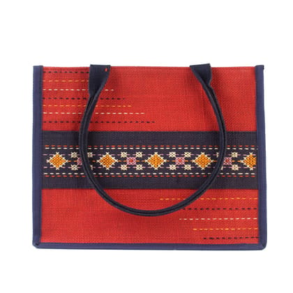 Tribes India Hand Embroidered Red Jute Handbag