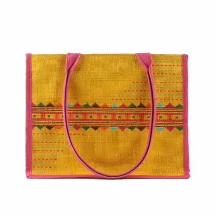 Tribes India Hand Embroidered Yellow Jute Handbag