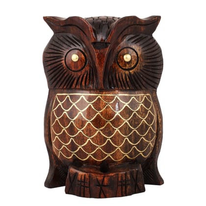 Tribes India Handmade Wooden Taarkasi Owl Round Statue 16 cm