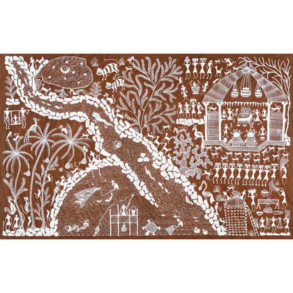 Authentic Classic Indian Traditional Unframed Hand Made Warli Painting (55.44X139.71)