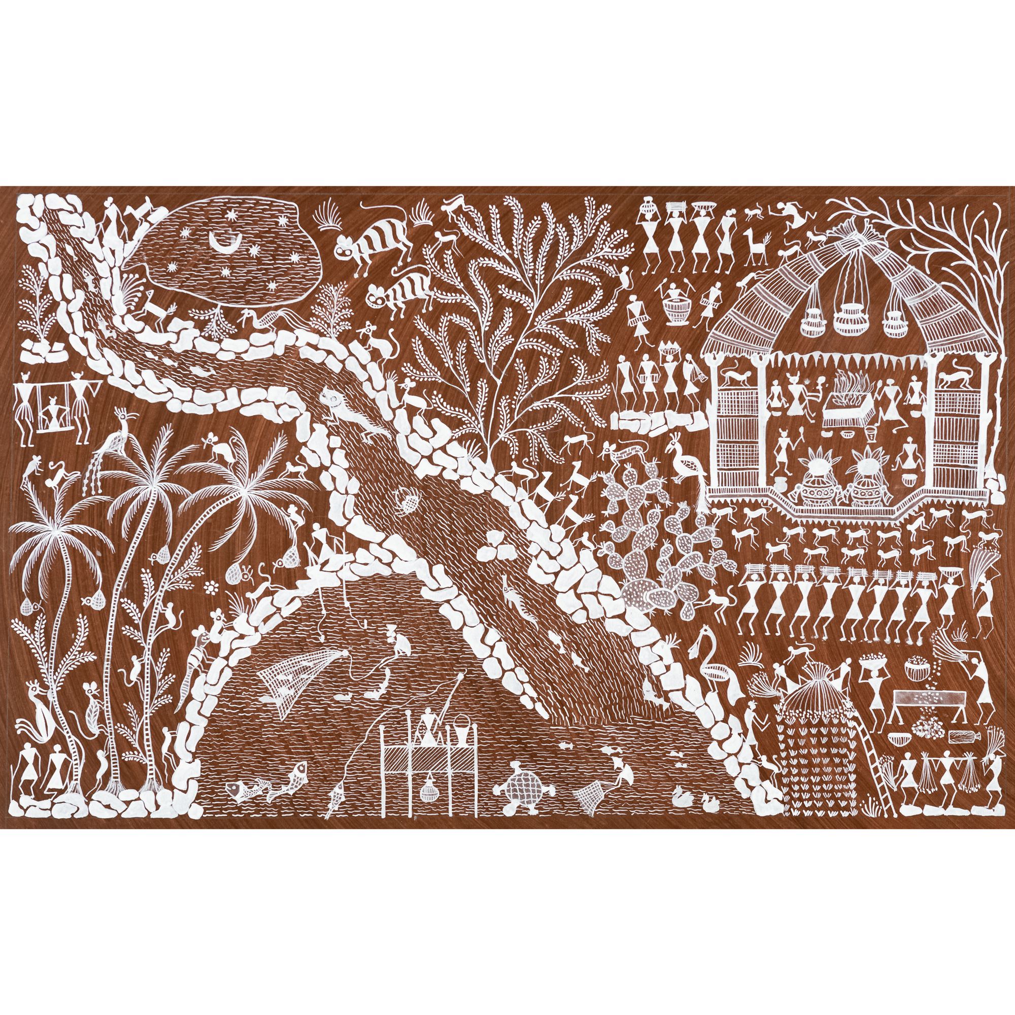 Authentic Classic Indian Traditional Unframed Hand Made Warli Painting (55.44X139.71)